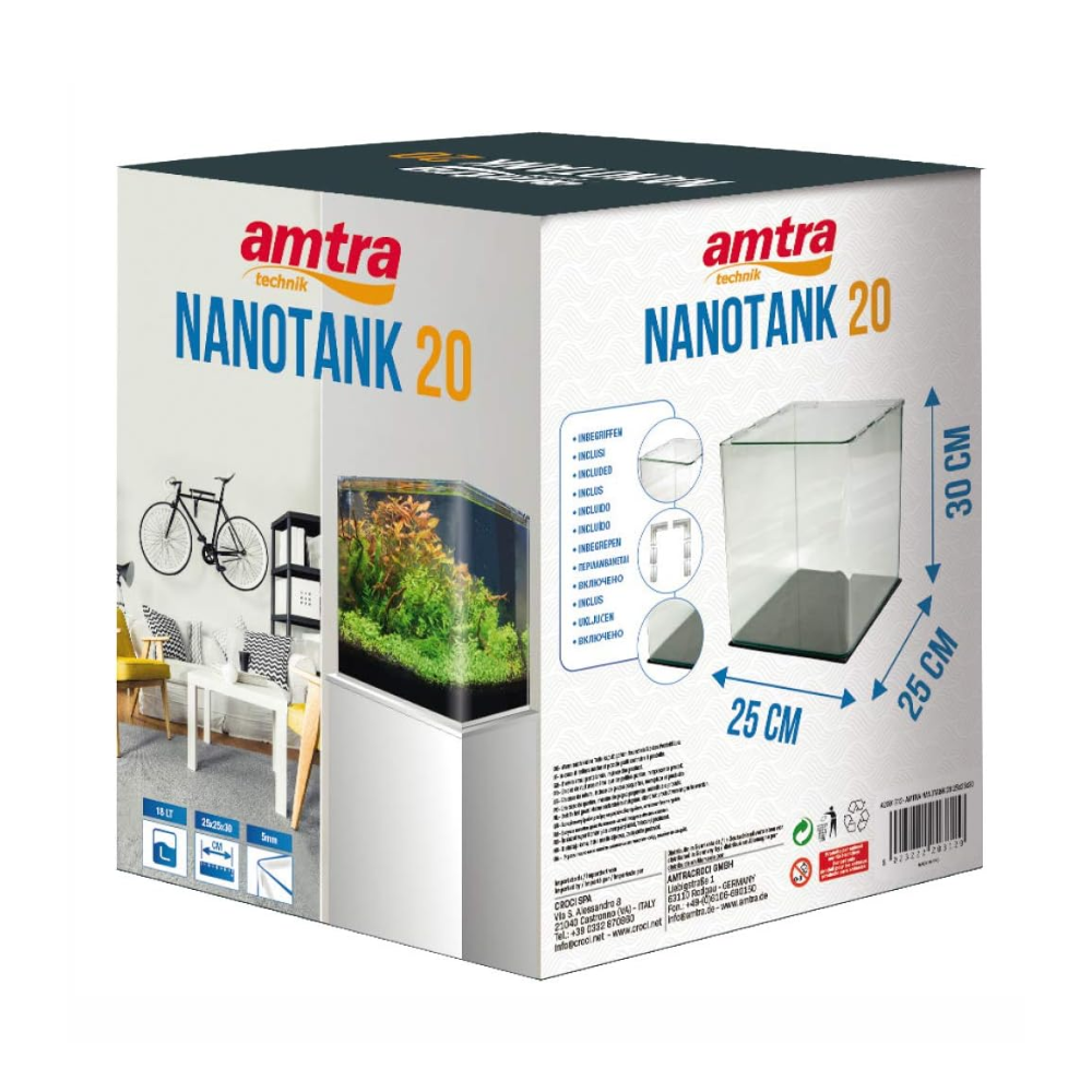 Amtra Nanotank 20 aquarium packaging with dimensions and features on a white background