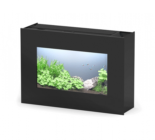 A stunning image of the Aquatlantis Aquaplasma 120 aquarium filled with lush green plants and colorful fish. The crystal-clear water is illuminated by the integrated LED lighting, showcasing a vibrant underwater scene. The sleek black frame and modern des