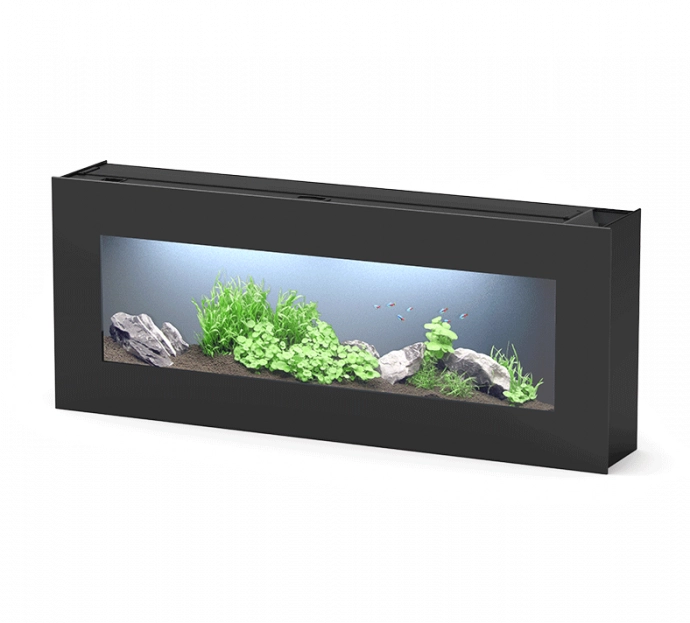 A stunning image of the Aquatlantis Aquaplasma 120 aquarium filled with lush green plants and colorful fish. The crystal-clear water is illuminated by the integrated LED lighting, showcasing a vibrant underwater scene. The sleek black frame and modern des