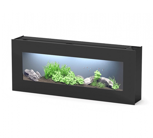 A stunning image of the Aquatlantis Aquaplasma 120 aquarium filled with lush green plants and colorful fish. The crystal-clear water is illuminated by the integrated LED lighting, showcasing a vibrant underwater scene. The sleek black frame and modern des