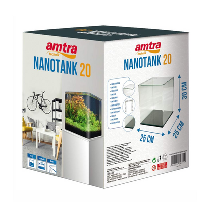 Amtra Nanotank 20 aquarium packaging with dimensions and features on a white background