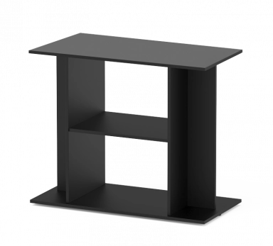 Black two-tier shelf on a white background