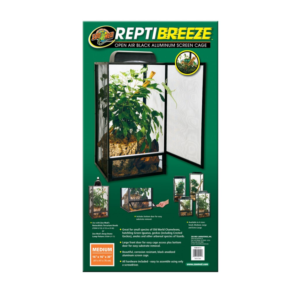 Zoo Med ReptiBreeze open air black aluminum screen cage packaging on a white background