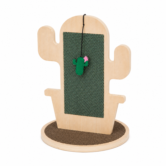 A wooden cat scratching post shaped like a saguaro cactus, featuring a natural light wood body, a dark green textured scratching panel, a brown sisal-wrapped circular base, and a small green cactus toy hanging from a black string.