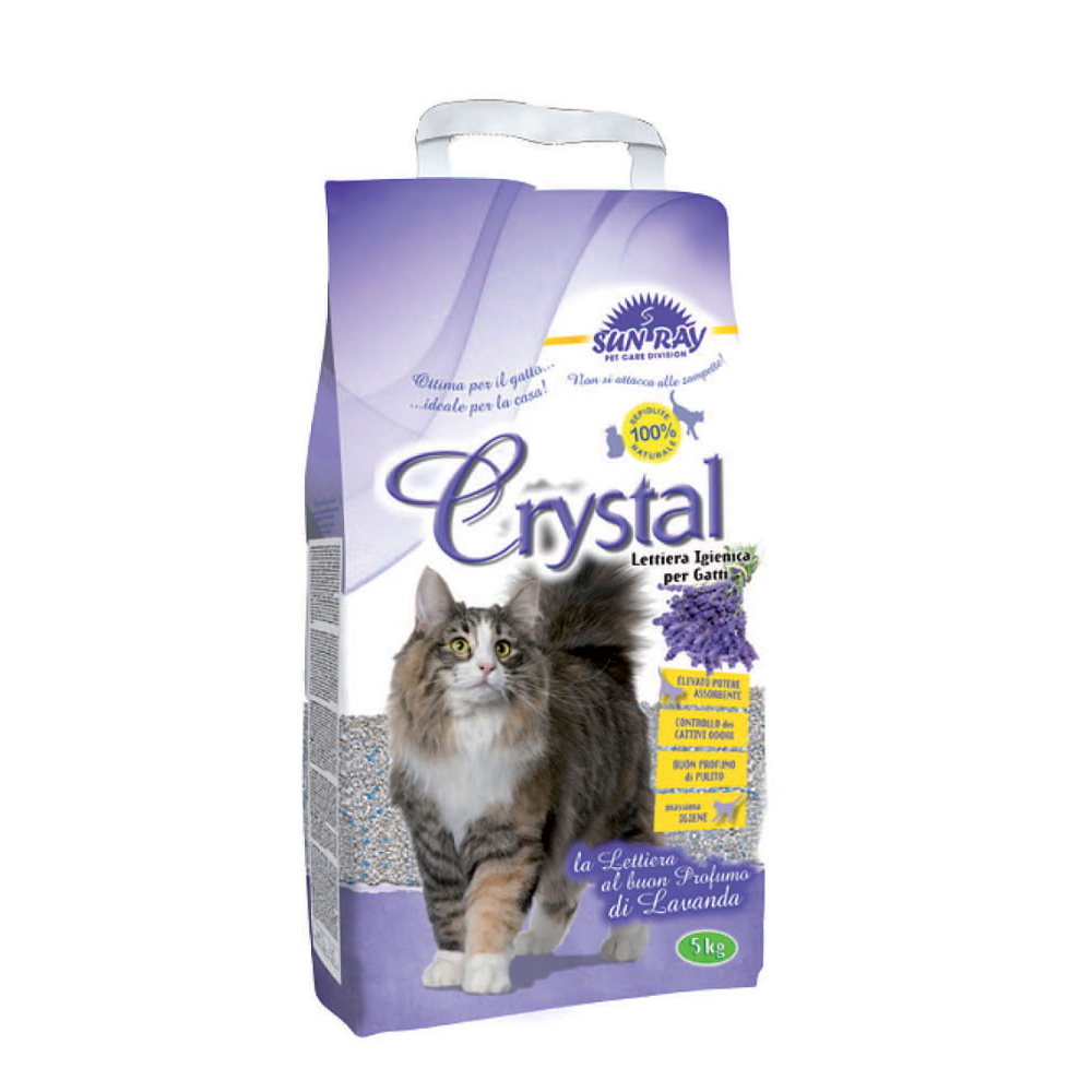 Bag of Sun-Ray Crystal cat litter with a cat on the packaging against a white background