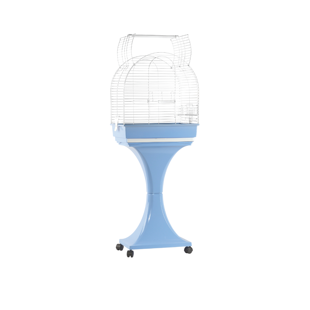 MONICA BIANCA-FONDO AZZURRO/SUPP+RUOTE – Bird Cage | White Cage with Blue Base, Support & Wheels