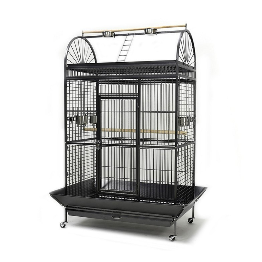 Large black bird cage with multiple levels on a white background