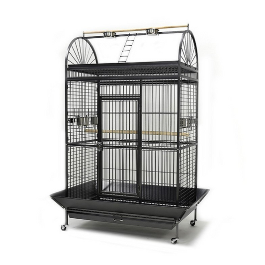 Large black bird cage with multiple levels on a white background