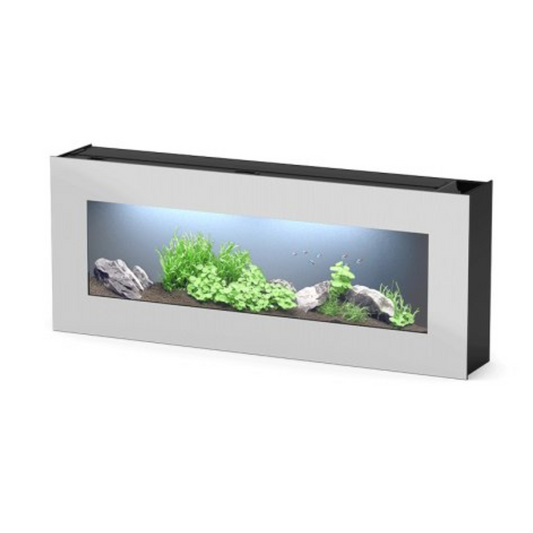 A stunning image of the Aquatlantis Aquaplasma 120 aquarium filled with lush green plants and colorful fish. The crystal-clear water is illuminated by the integrated LED lighting, showcasing a vibrant underwater scene. The sleek black frame and modern des