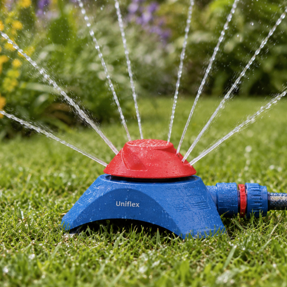 Uniflex Ibisco Rotating Sprinkler on Base – 9-Nozzle Circular Lawn & Garden Irrigator
