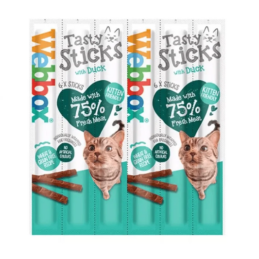“Webbox Cat’s Delight Duck Sticks – 6 individually wrapped duck-flavored cat treats.”