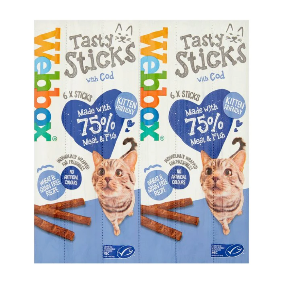 Packaging of Tasty Sticks with Cod for cats, featuring images of cats and text on a white background.