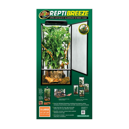 Zoo Med ReptiBreeze open air black aluminum screen cage packaging on a white background
